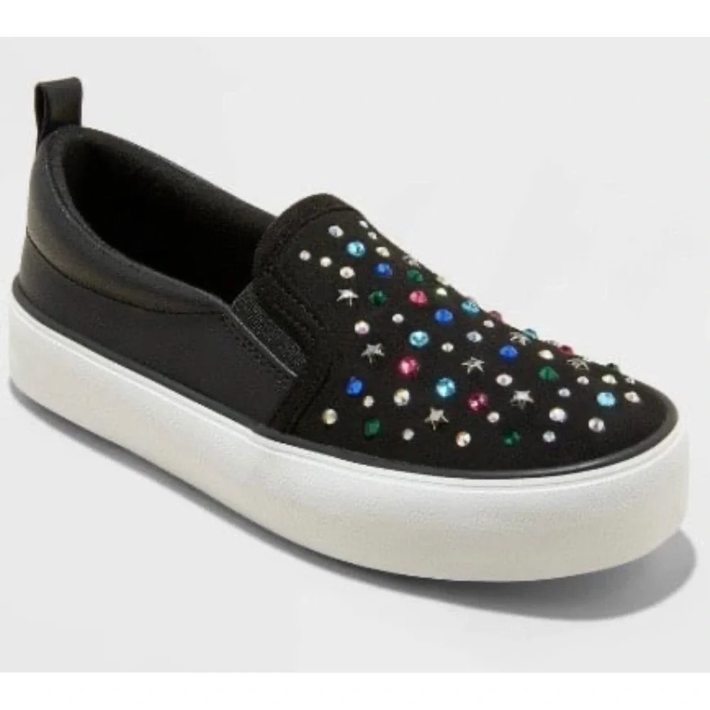 Art Class Kids Black Rhinestone Star Studded Slip On Sneakers Size 13 NEW